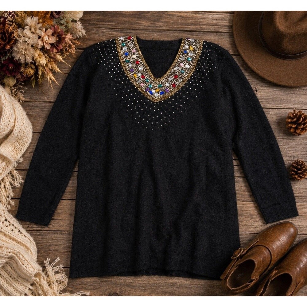 Angora Fuzzy Vintage Pullover Sweater Top Christmas Holiday Jewel CLASSIQUES